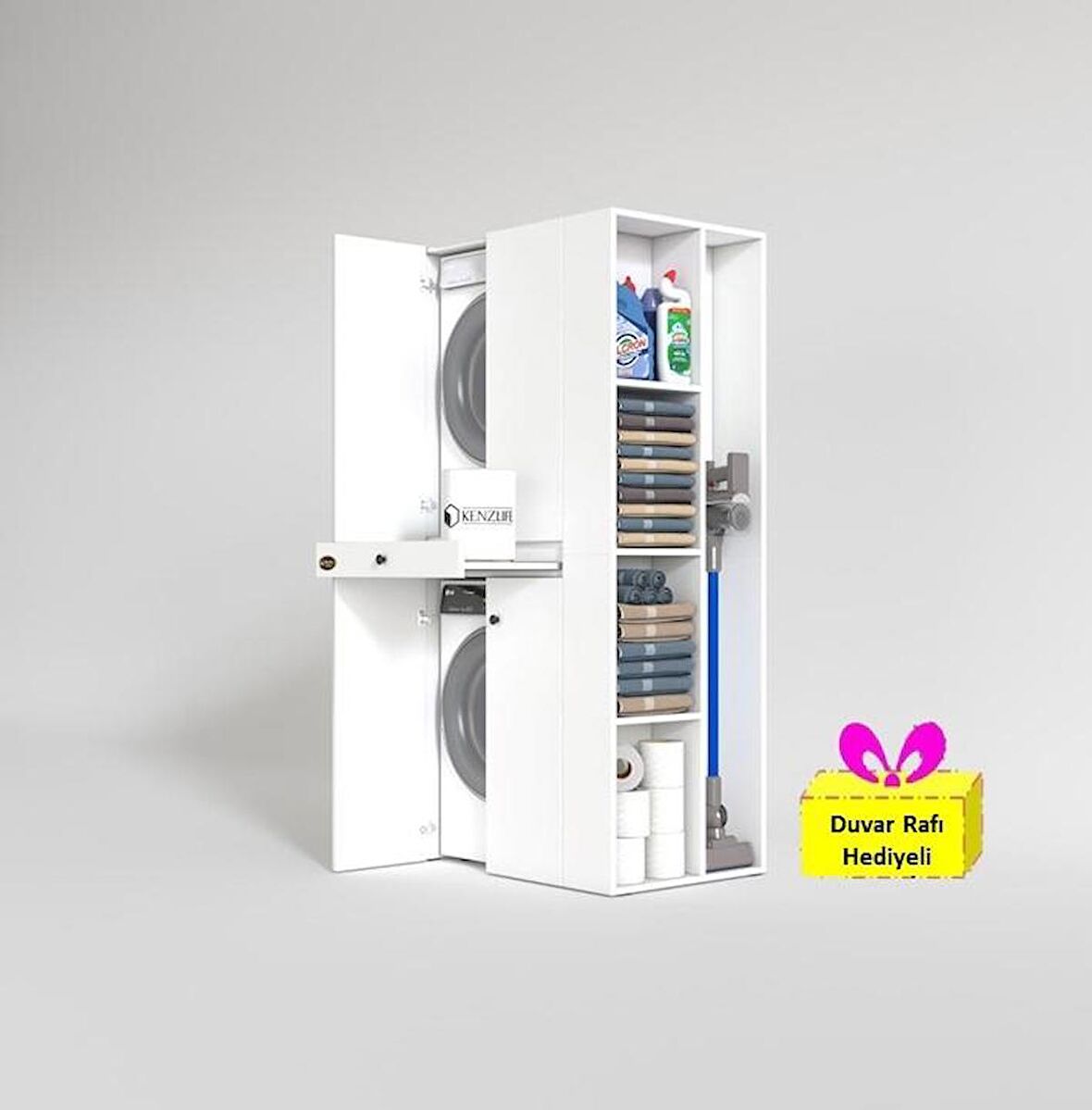 Kenzlife çamaşır-kurutma makinesi dolabı ahi evran sağ byz 187*090*60 çekmeceli + tekli duvar rafı hediye