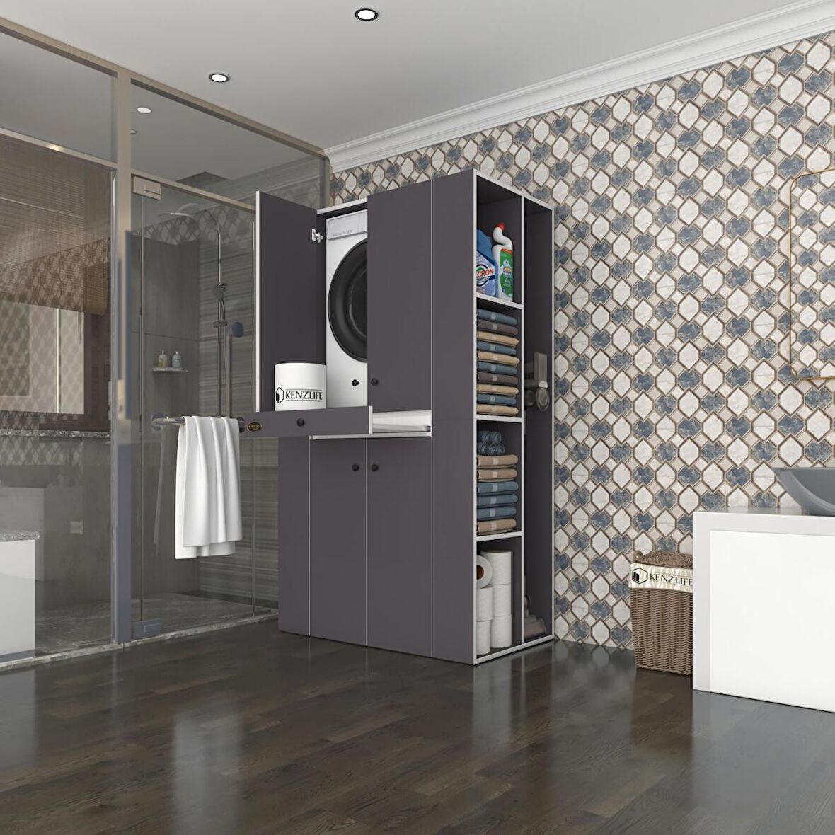 Kenzlife çamaşır-kurutma makinesi dolabı biruni gri 187*110*60 çekmeceli raflı banyo