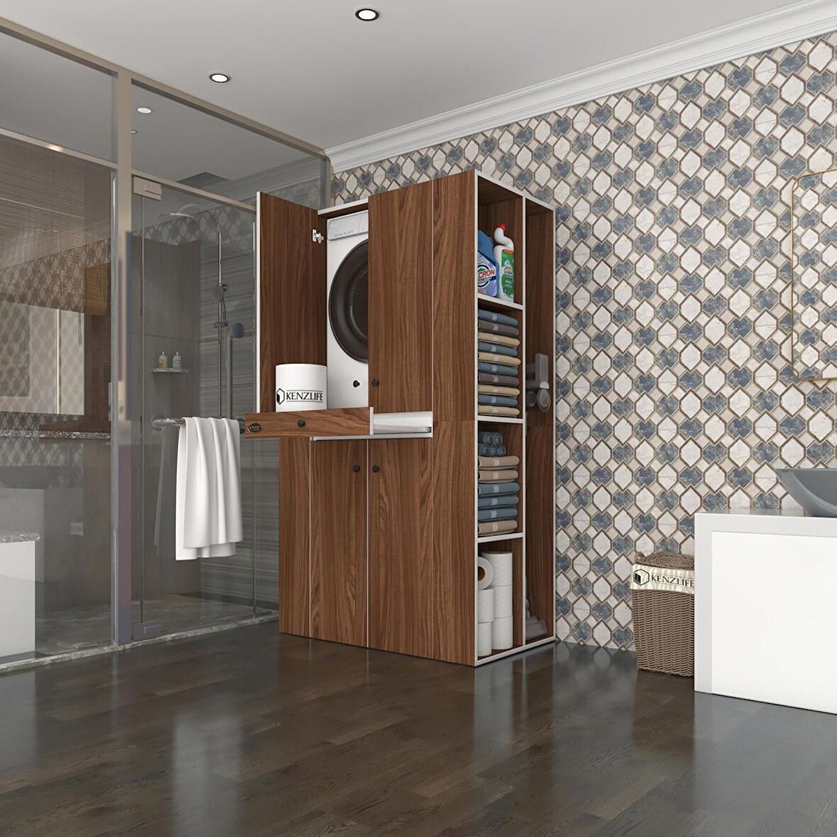 Kenzlife çamaşır-kurutma makinesi dolabı biruni cvz 187*110*60 çekmeceli raflı banyo