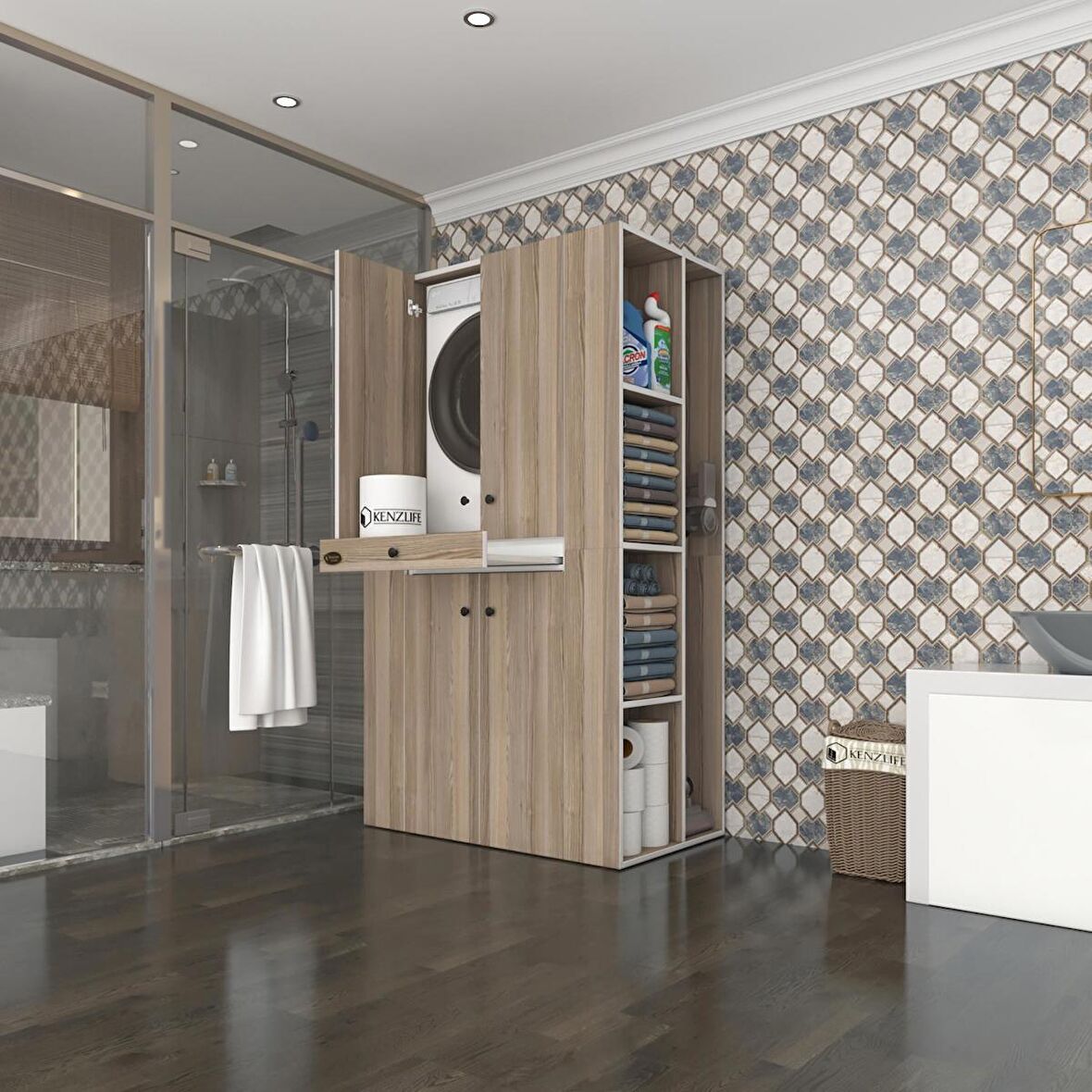 Kenzlife çamaşır-kurutma makinesi dolabı biruni crd 187*110*60 çekmeceli raflı banyo