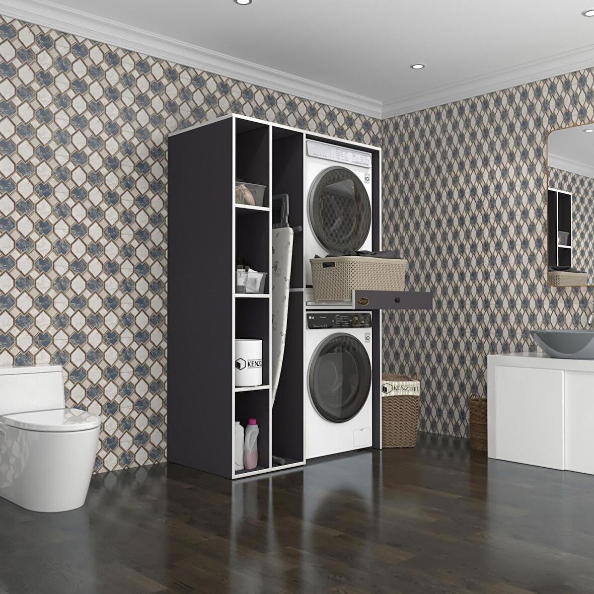 Kenzlife çamaşır-kurutma makinesi dolabı gutas sol gri 187*120*60 çekmeceli banyo