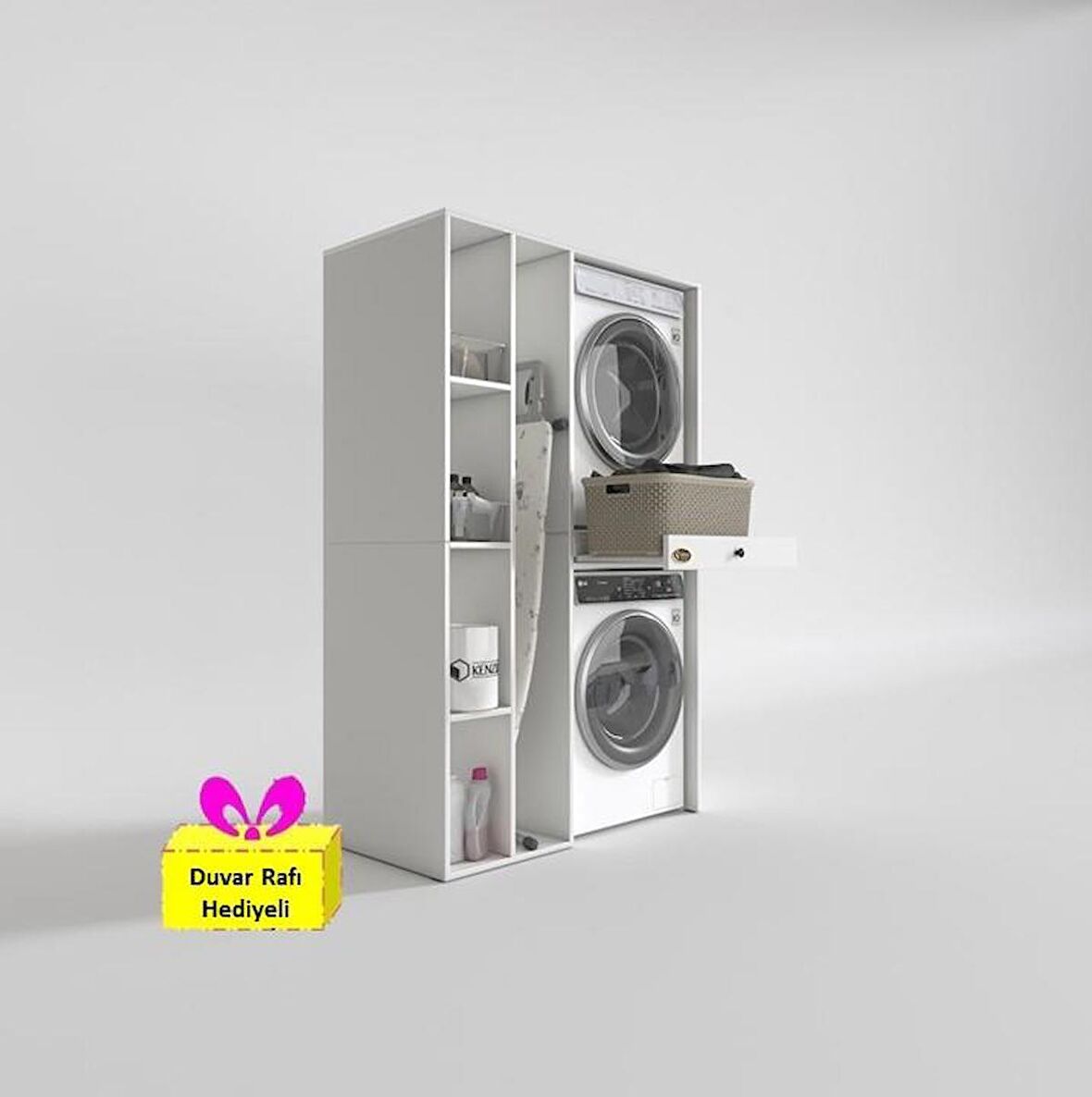 Kenzlife çamaşır-kurutma makinesi dolabı gutas sol byz 187*120*60 çekmeceli + tekli duvar rafı hediye