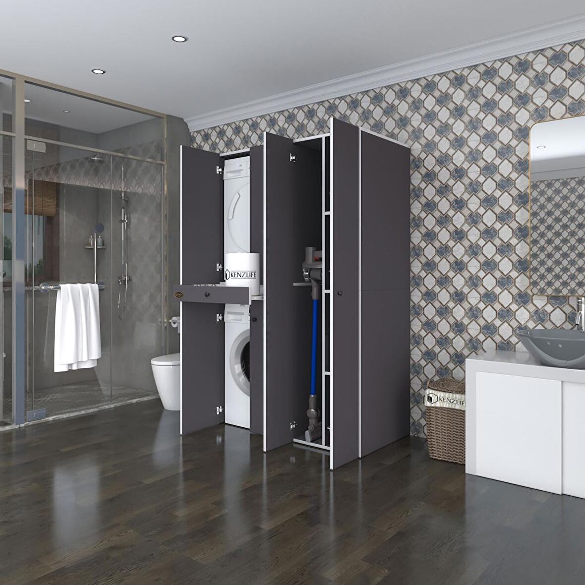 Kenzlife çamaşır-kurutma makinesi dolabı şahrur sağ gri 187*120*60 çekmeceli banyo