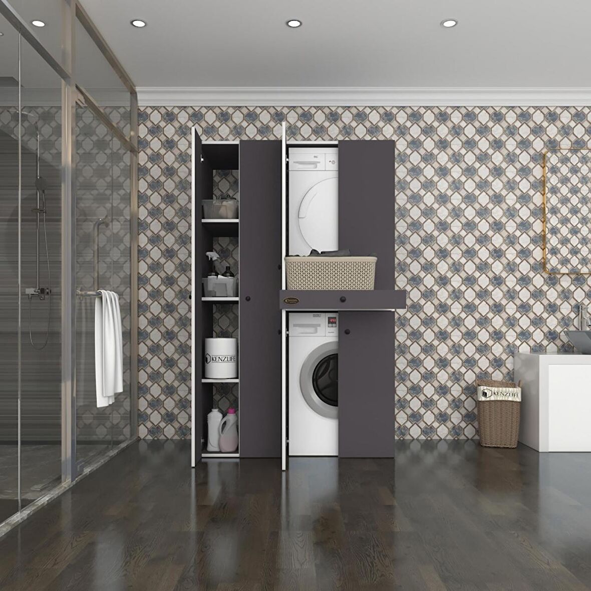Kenzlife çamaşır-kurutma makinesi dolabı şahrur sol gri 187*120*60 çekmeceli banyo