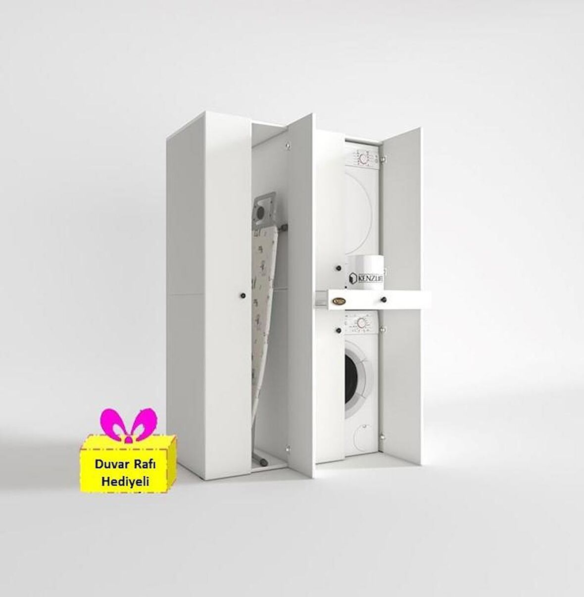 Kenzlife çamaşır-kurutma makinesi dolabı şahrur sol byz 187*120*60 çekmeceli + tekli duvar rafı hediye