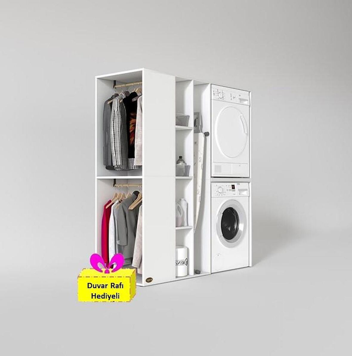 Kenzlife çamaşır-kurutma makinesi dolabı ve giysi dolabı kazvini sol byz 180*160*60  + tekli duvar rafı hediye