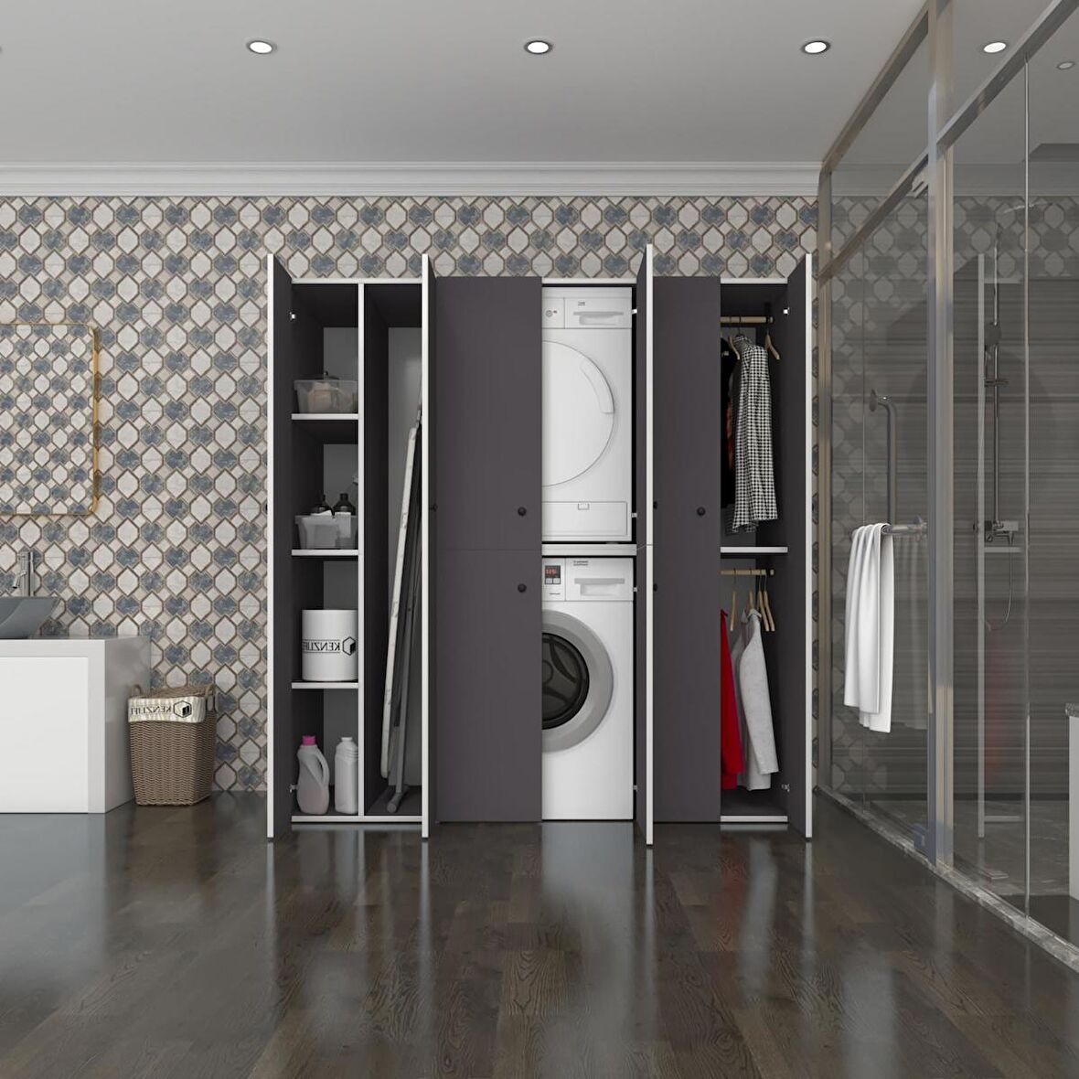 Kenzlife çamaşır-kurutma makinesi dolabı ve giysi dolabı suyuti sol gri 180*170*60  banyo