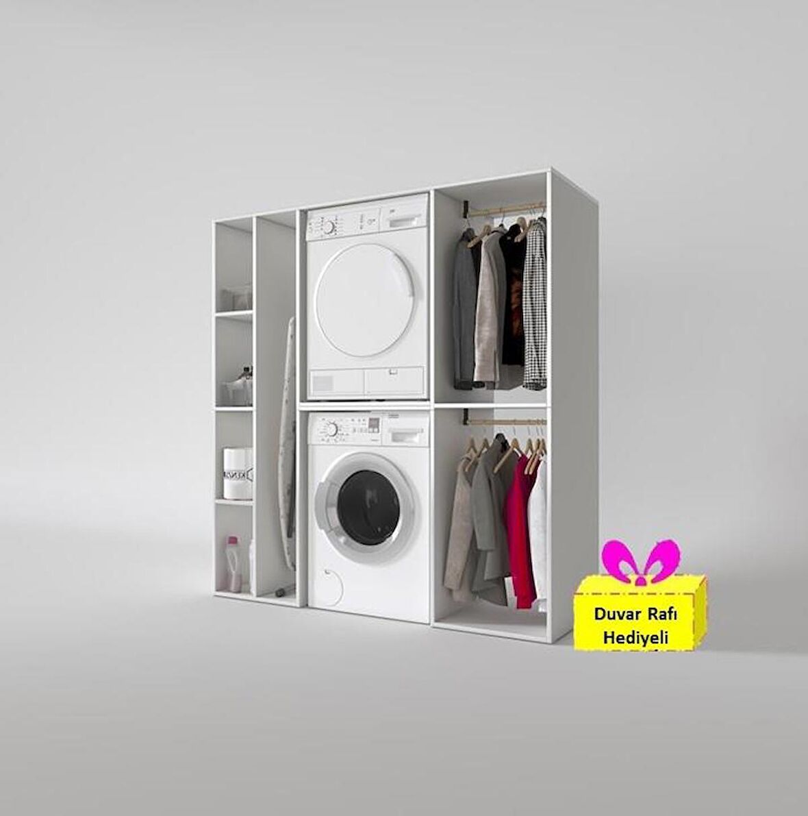 Kenzlife çamaşır-kurutma makinesi dolabı ve giysi dolabı cevheri sol byz 180*170*60  + tekli duvar rafı hediye