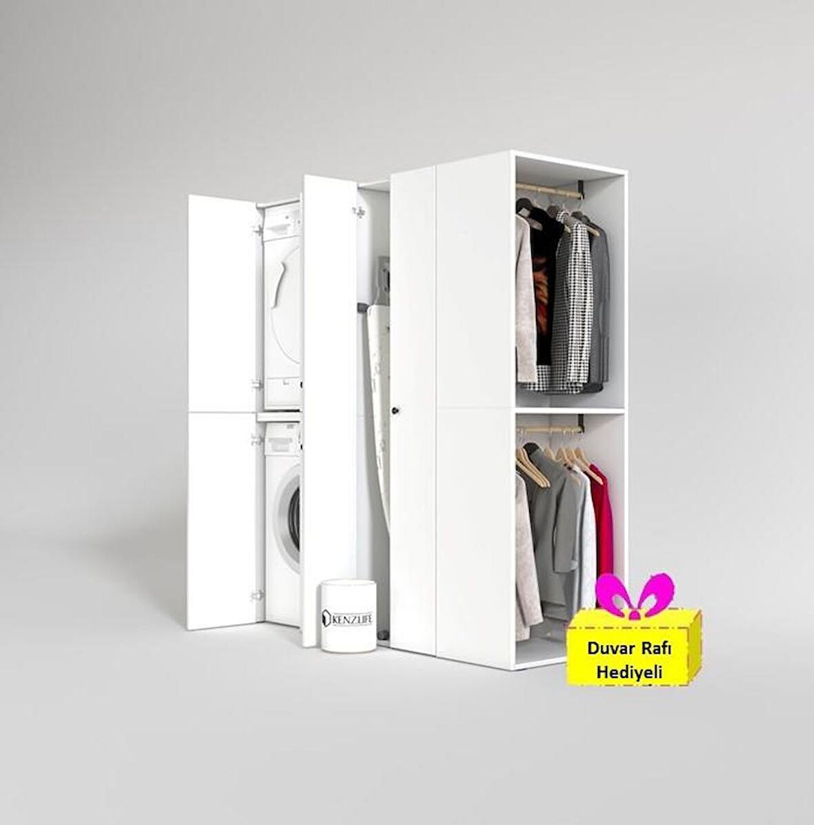 Kenzlife çamaşır-kurutma makinesi dolabı ve giysi dolabı bistami sağ byz 180*160*60  + tekli duvar rafı hediye