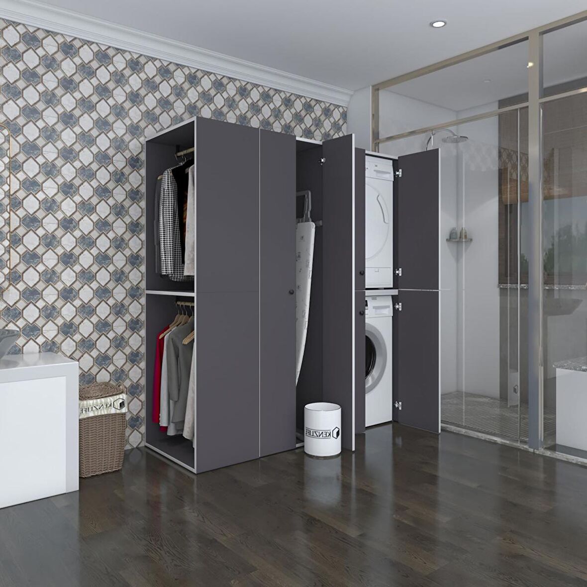 Kenzlife çamaşır-kurutma makinesi dolabı ve giysi dolabı bistami sol gri 180*160*60  banyo