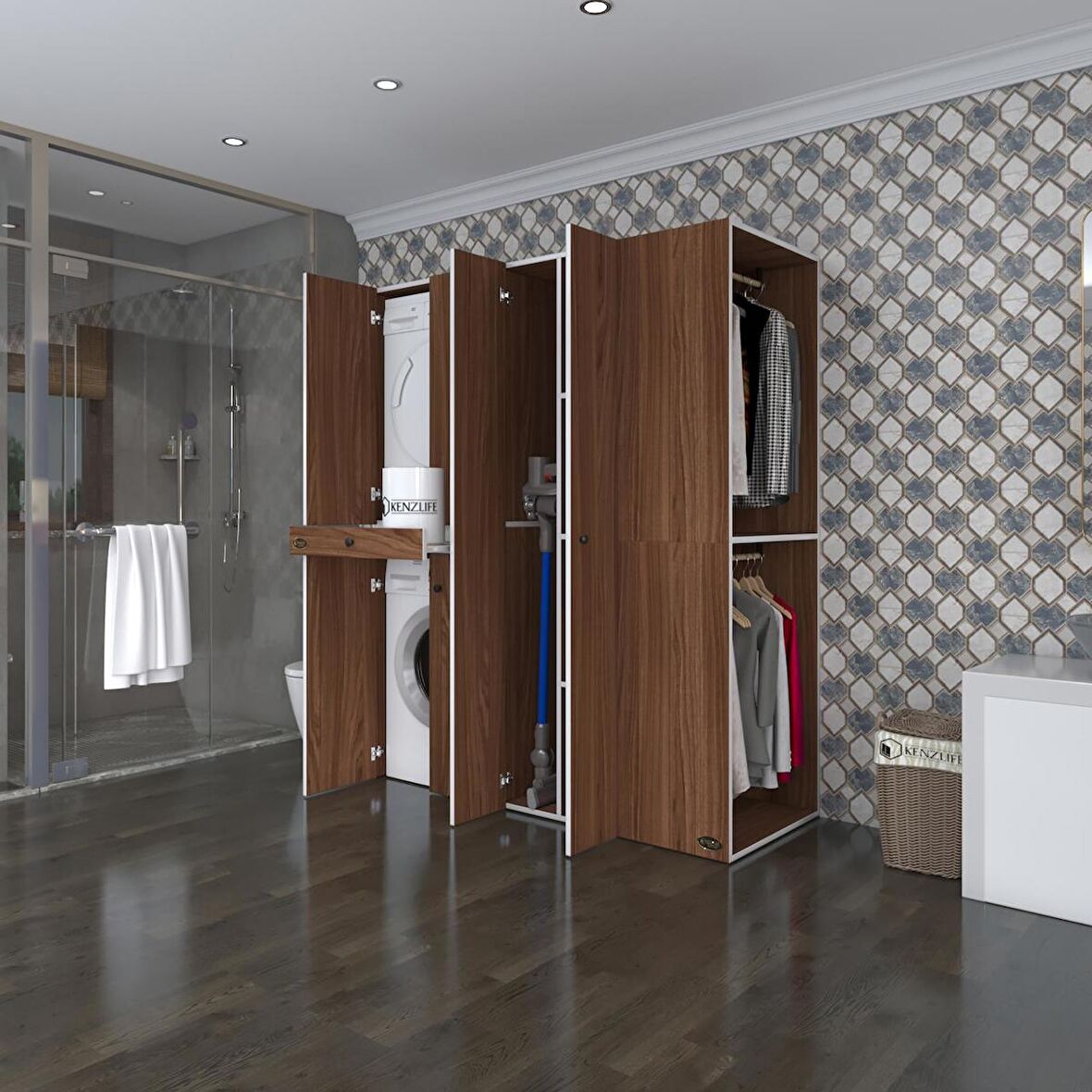 Kenzlife çamaşır-kurutma makinesi dolabı ve giysi dolabı çekmeceli eşari sağ cvz 187*160*60  banyo