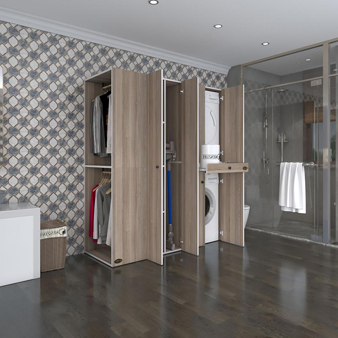 Kenzlife çamaşır-kurutma makinesi dolabı ve giysi dolabı çekmeceli eşari sol crd 187*160*60  banyo