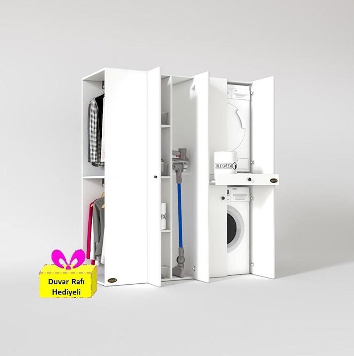 Kenzlife çamaşır-kurutma makinesi dolabı ve giysi dolabı çekmeceli eşari sol byz 187*160*60  + tekli duvar rafı hediye