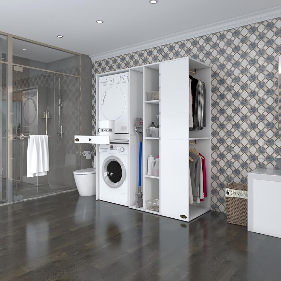 Kenzlife çamaşır-kurutma makinesi dolabı ve giysi dolabı çekmeceli attar sağ byz 187*160*60  banyo