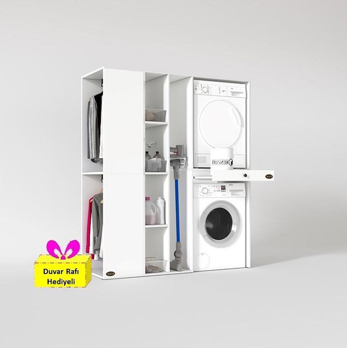 Kenzlife çamaşır-kurutma makinesi dolabı ve giysi dolabı çekmeceli attar sol byz 187*160*60  + tekli duvar rafı hediye