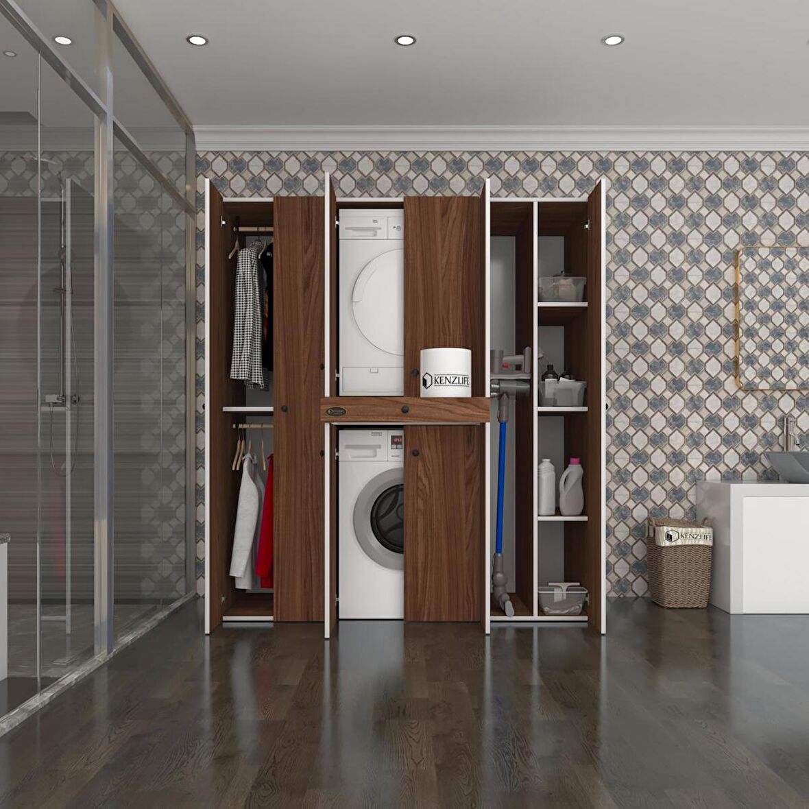 Kenzlife çamaşır-kurutma makinesi dolabı ve giysi dolabı çekmeceli ebuzer sağ raf cvz 187*160*60  banyo