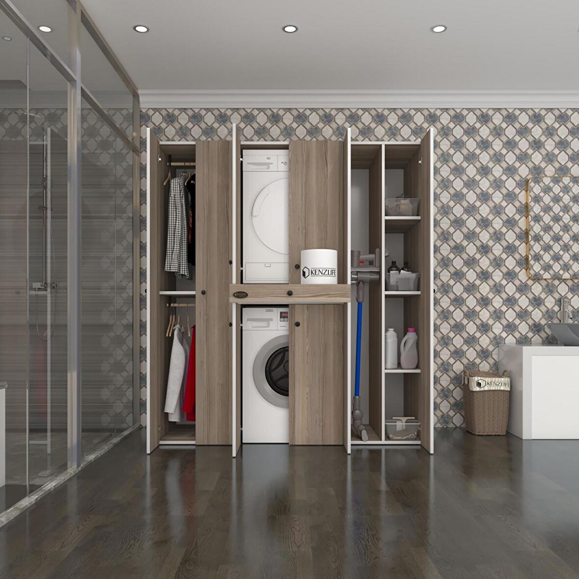 Kenzlife çamaşır-kurutma makinesi dolabı ve giysi dolabı çekmeceli ebuzer sağ raf crd 187*160*60  banyo