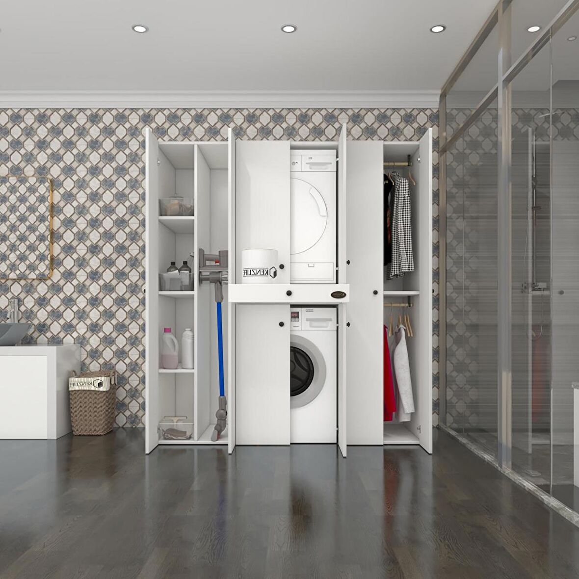 Kenzlife çamaşır-kurutma makinesi dolabı ve giysi dolabı çekmeceli ebuzer sol raf byz 187*160*60  banyo