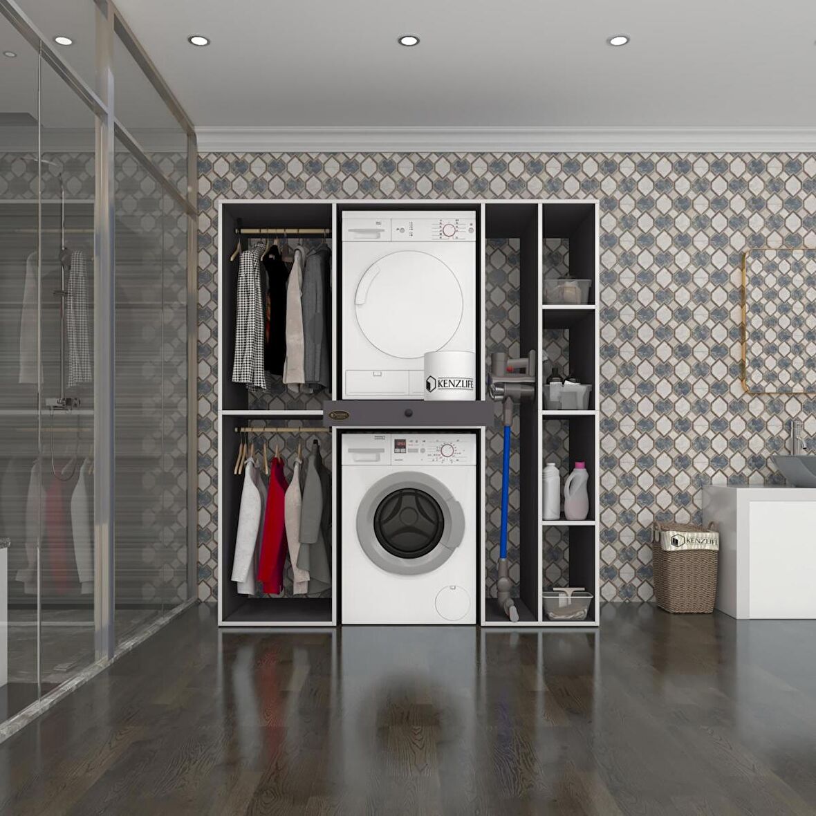 Kenzlife çamaşır-kurutma makinesi dolabı ve giysi dolabı çekmeceli hattab sağ raf gri 187*160*60  banyo