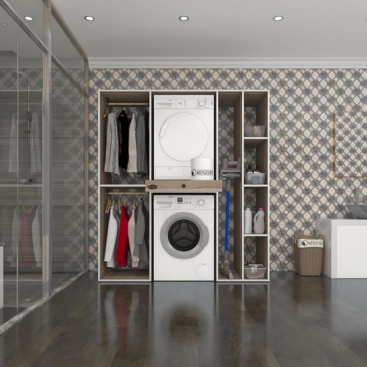 Kenzlife çamaşır-kurutma makinesi dolabı ve giysi dolabı çekmeceli hattab sağ raf crd 187*160*60  banyo