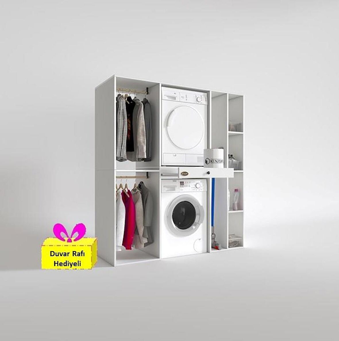 Kenzlife çamaşır-kurutma makinesi dolabı ve giysi dolabı çekmeceli hattab sağ raf byz 187*160*60  + tekli duvar rafı hediye