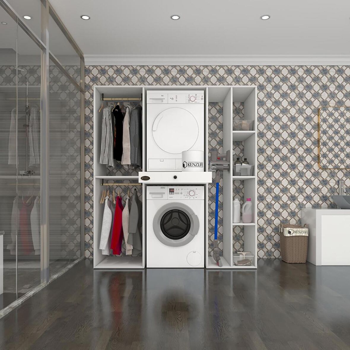 Kenzlife çamaşır-kurutma makinesi dolabı ve giysi dolabı çekmeceli hattab sağ raf byz 187*160*60  % 100 FULL MDF