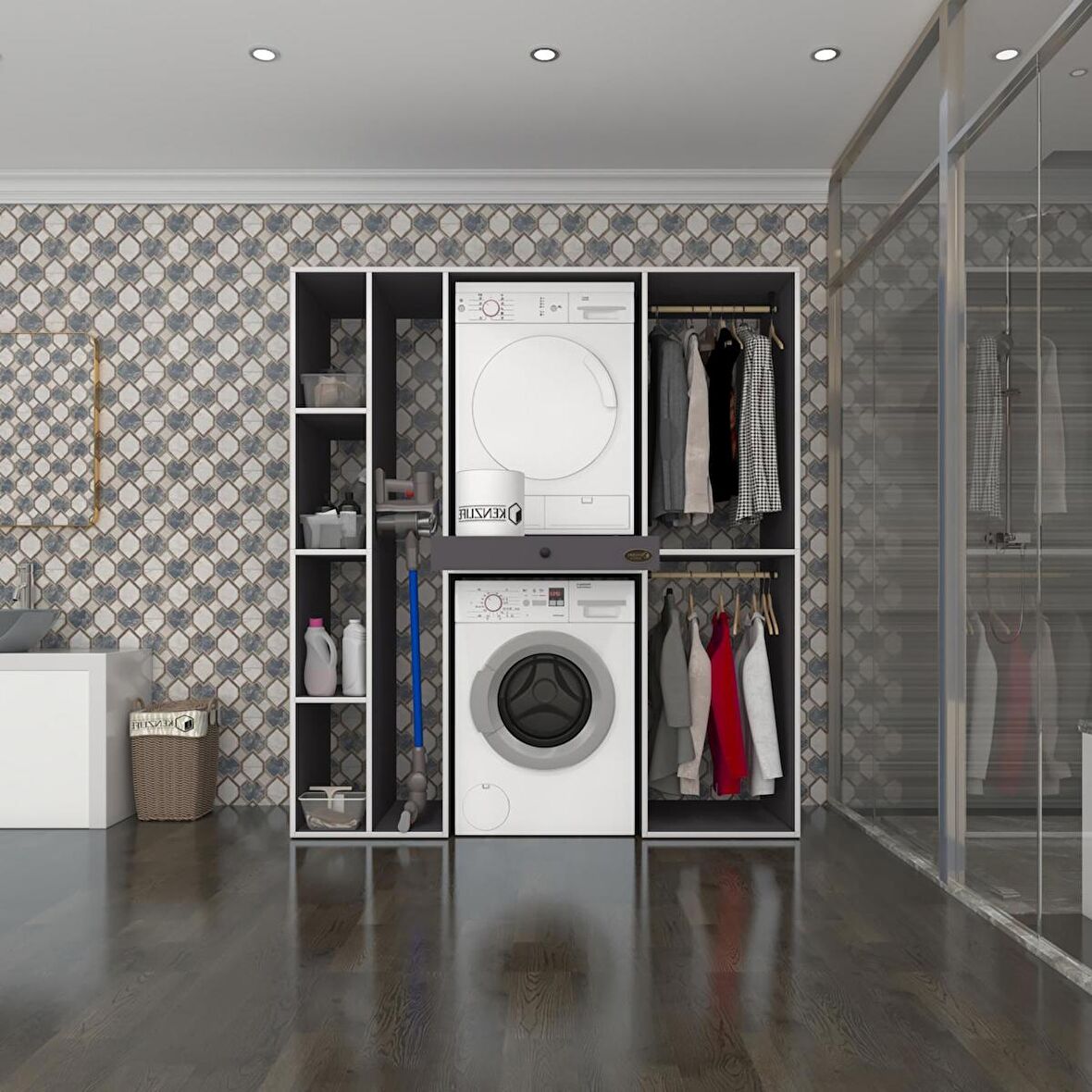 Kenzlife çamaşır-kurutma makinesi dolabı ve giysi dolabı çekmeceli hattab sol raf gri 187*160*60  banyo