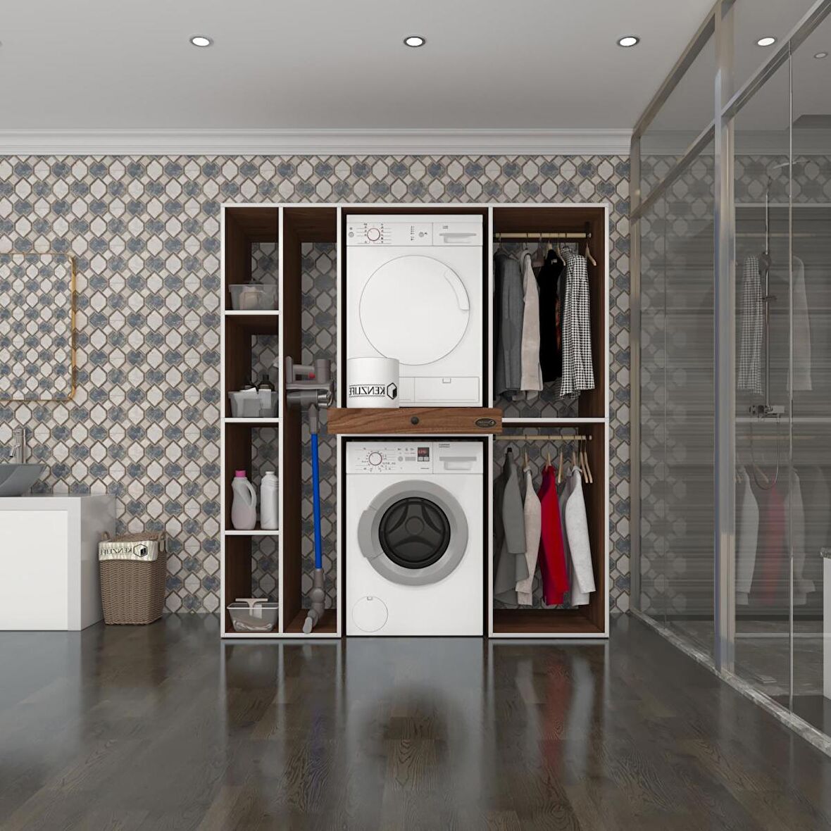 Kenzlife çamaşır-kurutma makinesi dolabı ve giysi dolabı çekmeceli hattab sol raf cvz 187*160*60  banyo