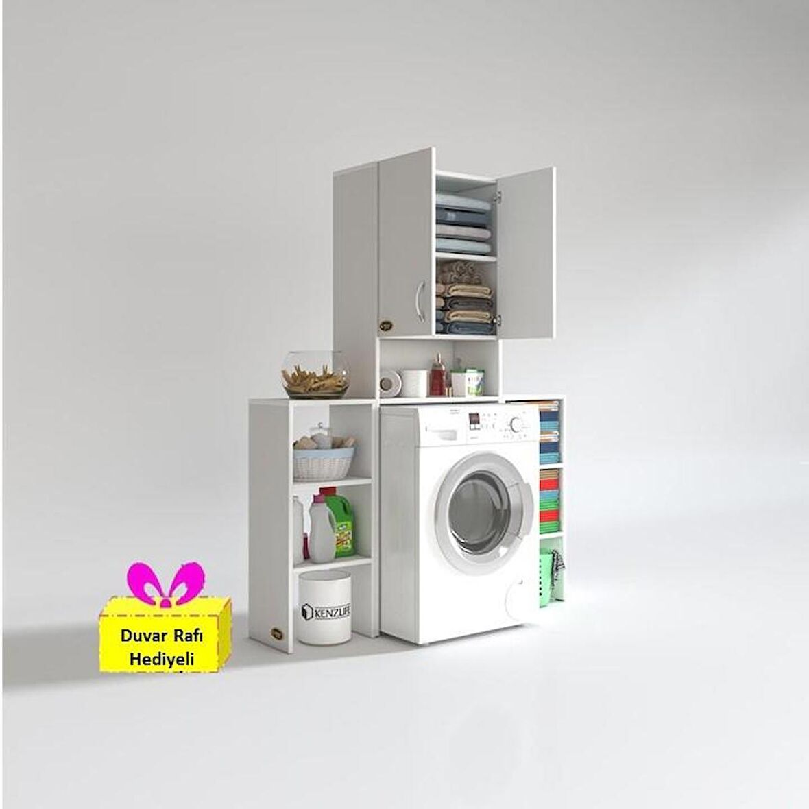 Kenzlife çamaşır makinesi dolabı sinemmaks byz 180*096*30 banyo arkalıklı + tekli duvar rafı hediyeli