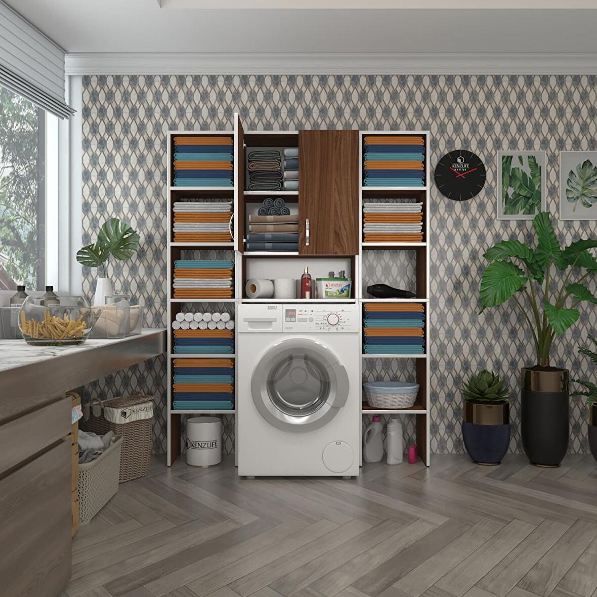 Kenzlife çamaşır makinesi dolabı sinemmaksduble cvz 180*126*30 banyo kapaklı arkalıklı raflı
