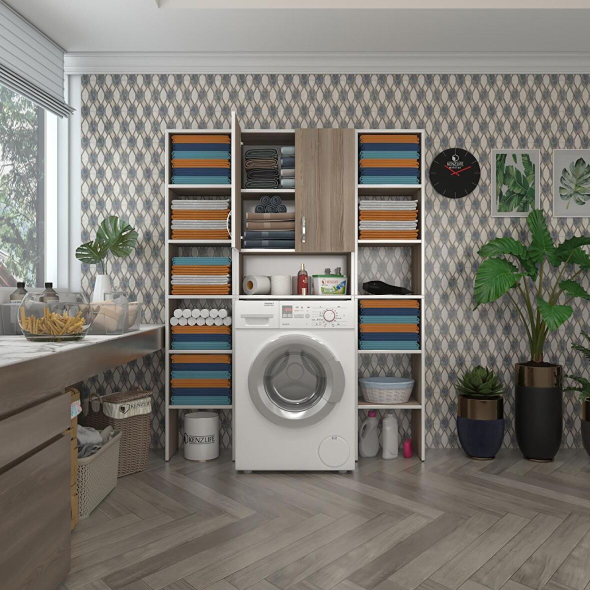 Kenzlife çamaşır makinesi dolabı sinemmaksduble crd 180*126*30 banyo kapaklı arkalıklı raflı