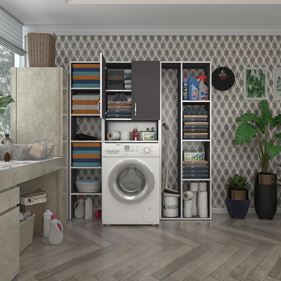 Kenzlife çamaşır makinesi dolabı sinemmega gri 180*156*30 banyo kapaklı arkalıklı raflı