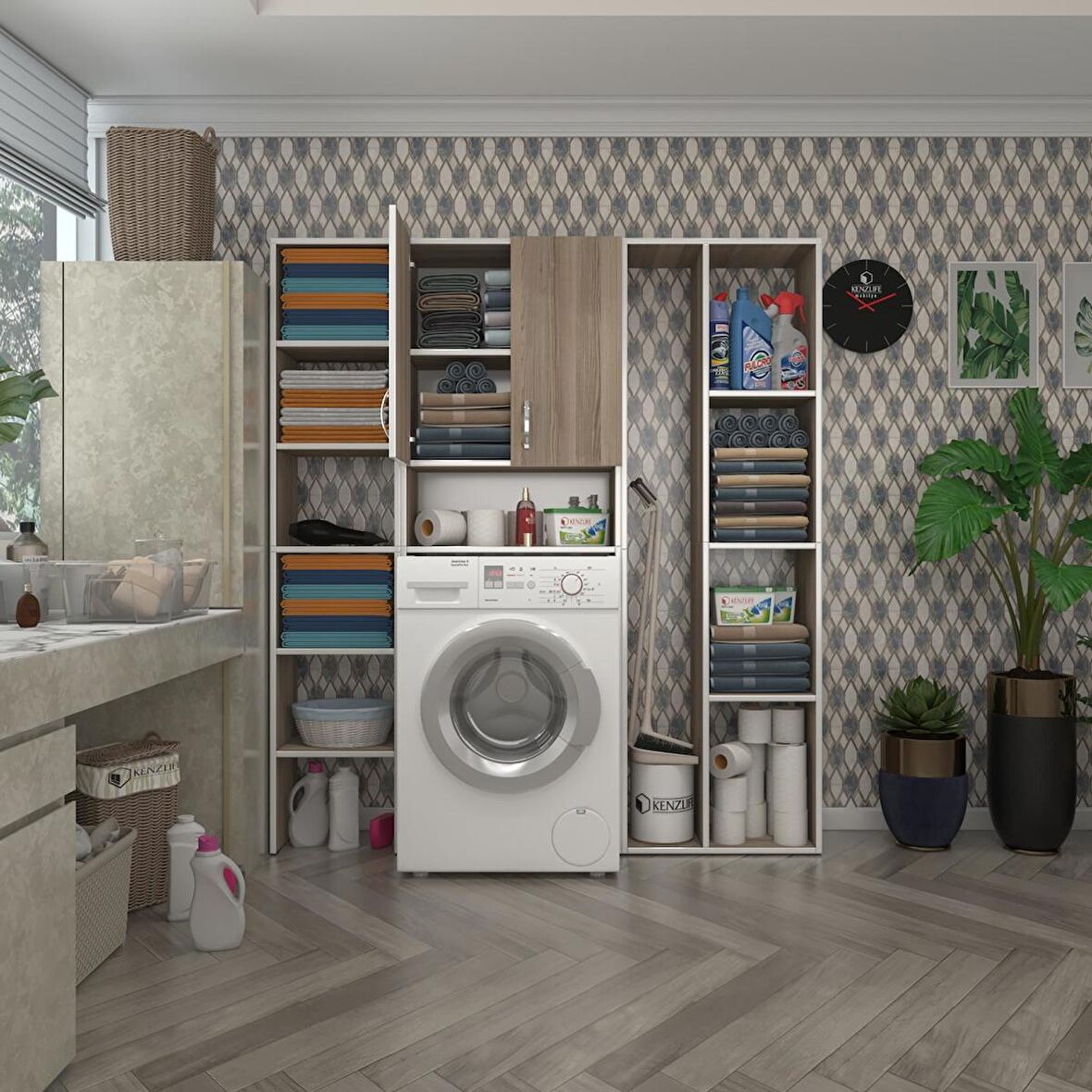 Kenzlife çamaşır makinesi dolabı sinemmega crd 180*156*30 banyo kapaklı arkalıklı raflı