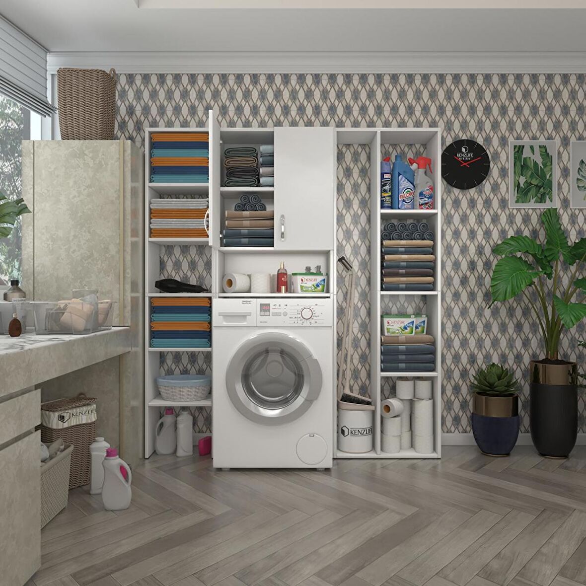 Kenzlife çamaşır makinesi dolabı sinemmegamdf byz 180*156*30 % 100 mdf full mdf banyo kapaklı arkalıklı raflı