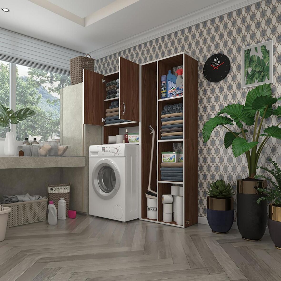 Kenzlife çamaşır makinesi dolabı sinemsüpürge cvz 180*126*30 banyo kapaklı arkalıklı raflı