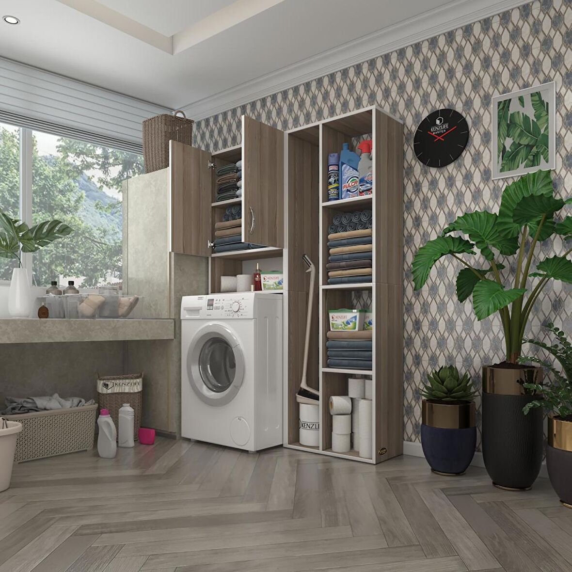 Kenzlife çamaşır makinesi dolabı sinemsüpürge crd 180*126*30 banyo kapaklı arkalıklı raflı