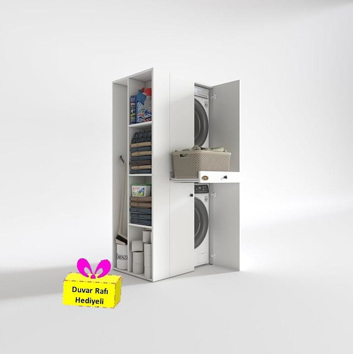 Kenzlife çamaşır-kurutma makinesi dolabı ahi evran sol byz 187*090*60 çekmeceli + tekli duvar rafı hediye
