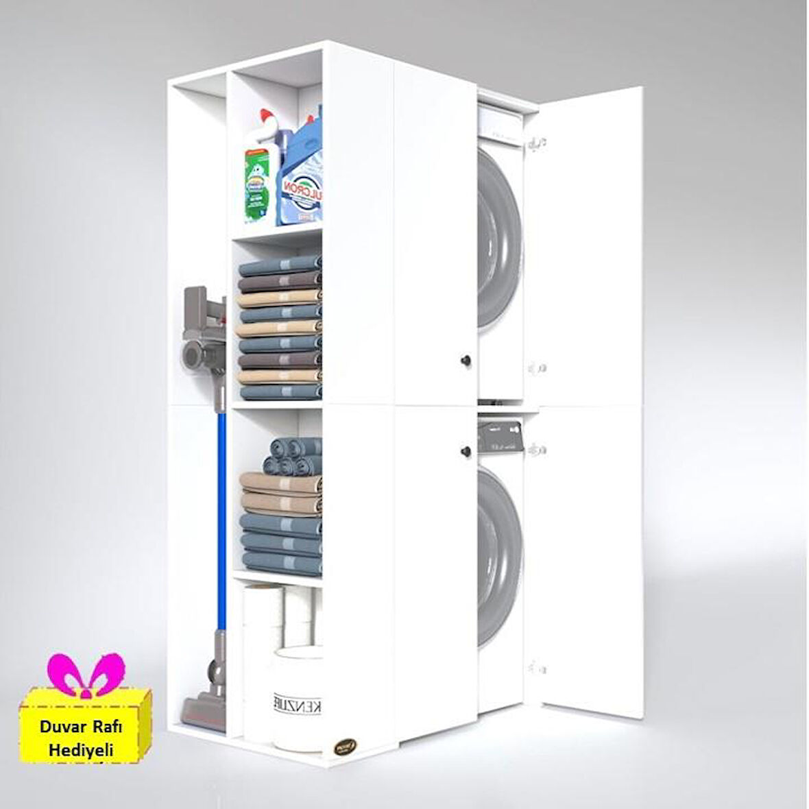 Kenzlife çamaşır-kurutma makinesi dolabı kapaklı foka sol byz 180*090*60 banyo arkalıksız + tekli duvar rafı hediyeli
