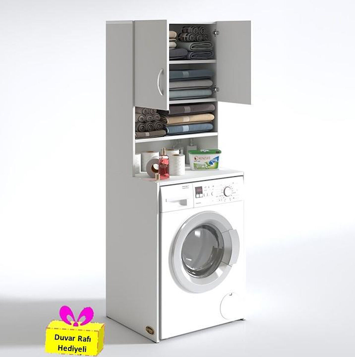 Kenzlife çamaşır makinesi dolabı hayzum byz 180*066*55 banyo kiler çift kapaklı arkalıklı + tekli duvar rafı hediyeli
