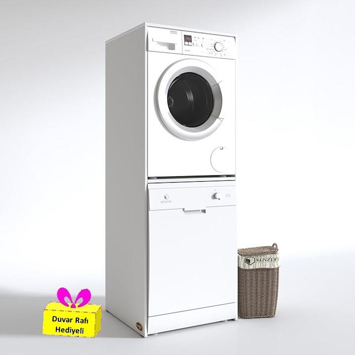 Kenzlife çamaşır-bulaşık makinesi dolabı katinka byz 180*70*60 banyo çift katlı arkalıksız + tekli duvar rafı hediyeli