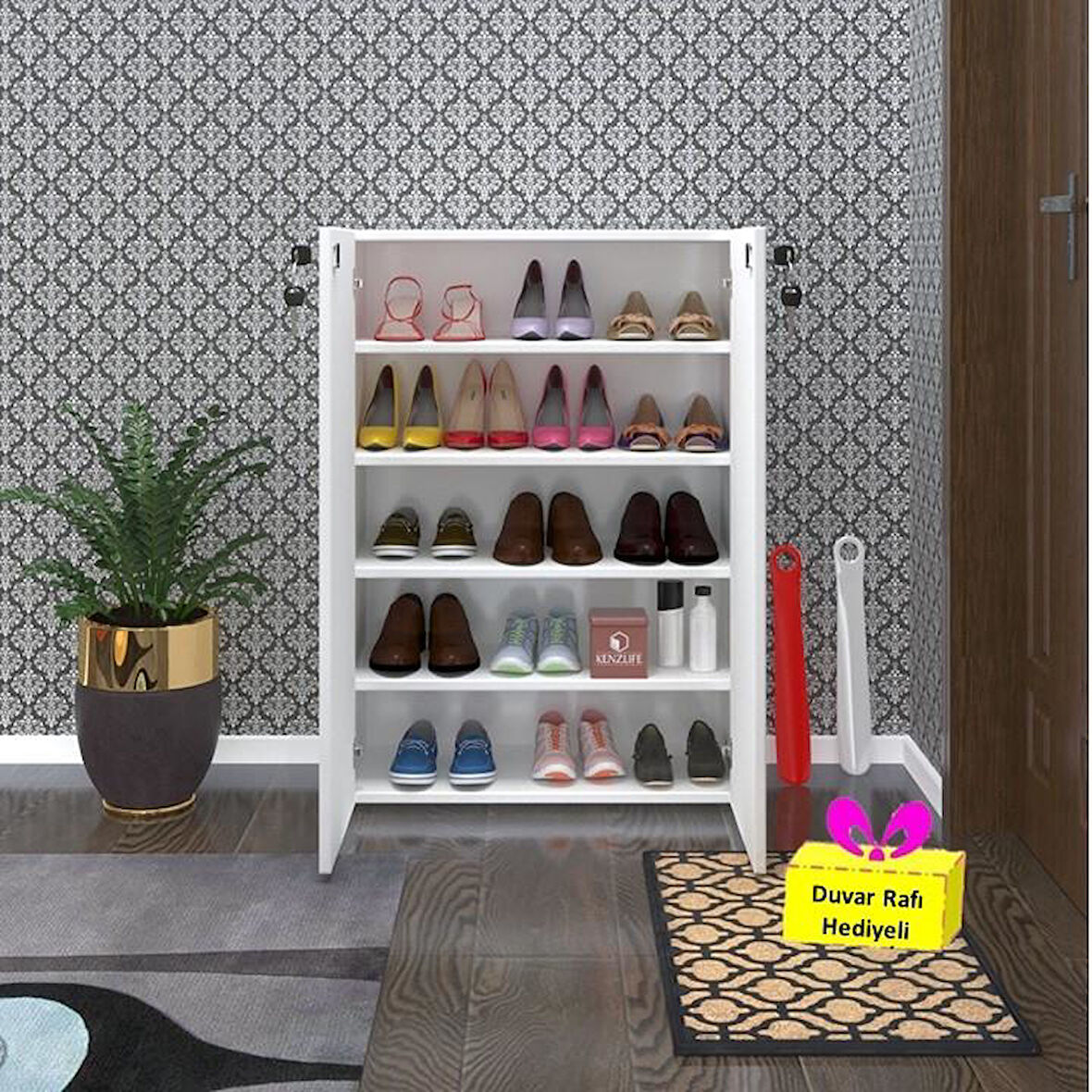 Kenzlife ayakkabılık ayakkabı dolabı kilitli be real byz 100*70*32 kapaklı arkalıklı ofis dolabı + tekli duvar rafı hediyeli