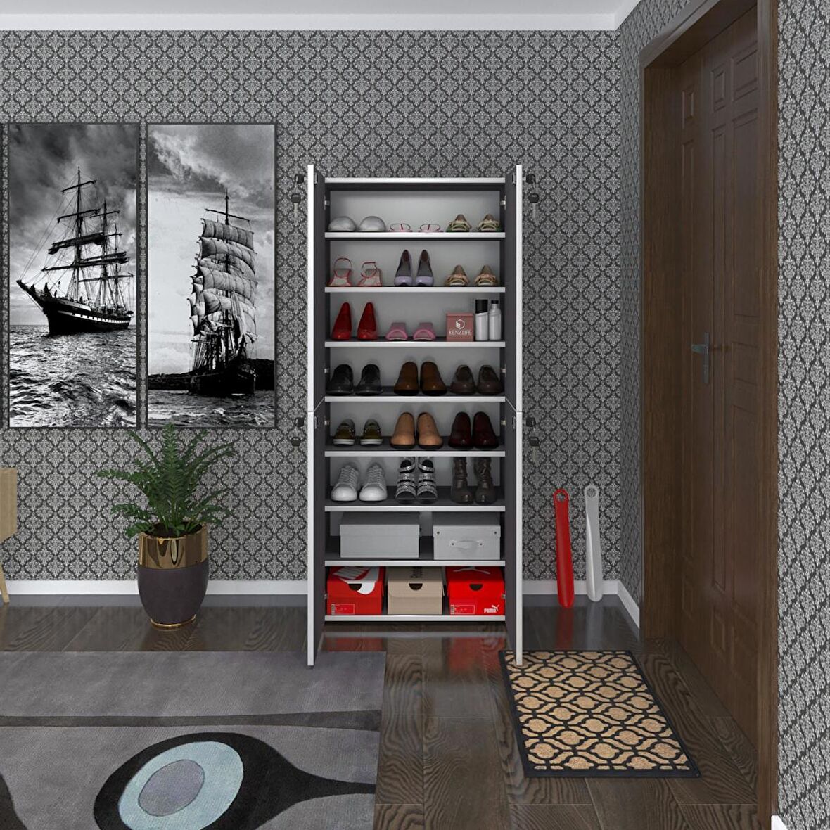 Kenzlife ayakkabılık ayakkabı dolabı kilitli be real gri 160*70*32 kapaklı arkalıklı ofis dolabı iki bölme