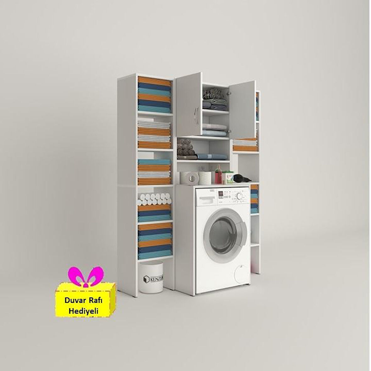 Kenzlife çamaşır makinesi dolabı hayzummaksduble byz 180*126*55 banyo kiler çift kapaklı arkalıklı + tekli duvar rafı hediyeli