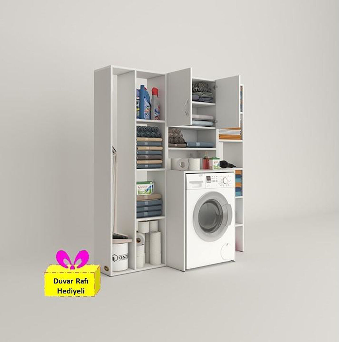 Kenzlife çamaşır makinesi dolabı hayzummega byz 180*156*55 banyo kiler çift kapaklı arkalıklı + tekli duvar rafı hediyeli