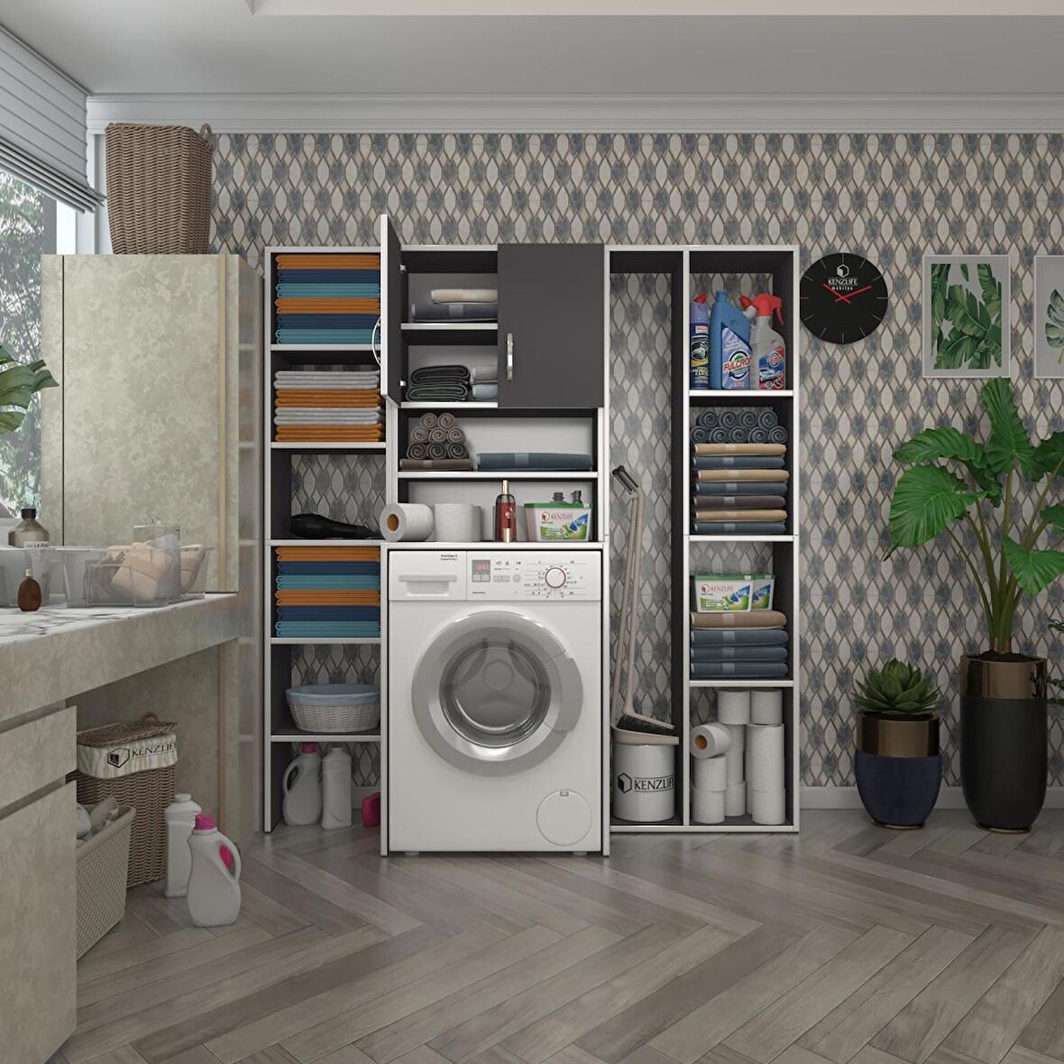 Kenzlife çamaşır makinesi dolabı hayzummega gri 180*156*55 banyo kiler çift kapaklı arkalıklı 