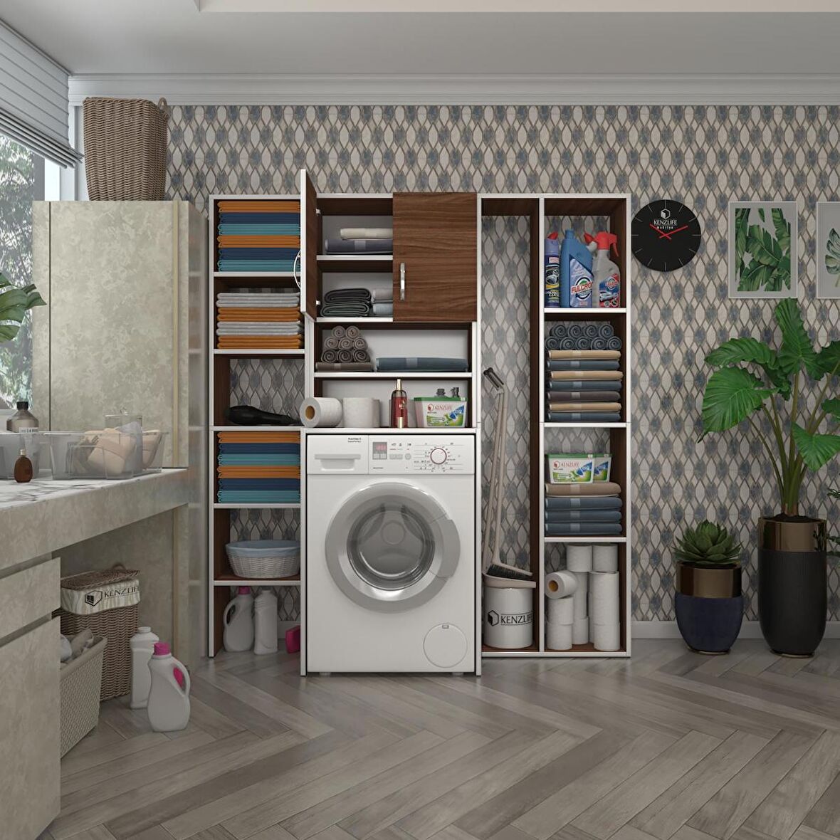 Kenzlife çamaşır makinesi dolabı hayzummega cvz 180*156*55 banyo kiler çift kapaklı arkalıklı 