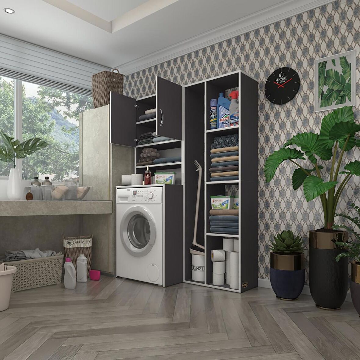 Kenzlife çamaşır makinesi dolabı hayzumsüpürge gri 180*126*55 banyo kiler çift kapaklı arkalıklı 