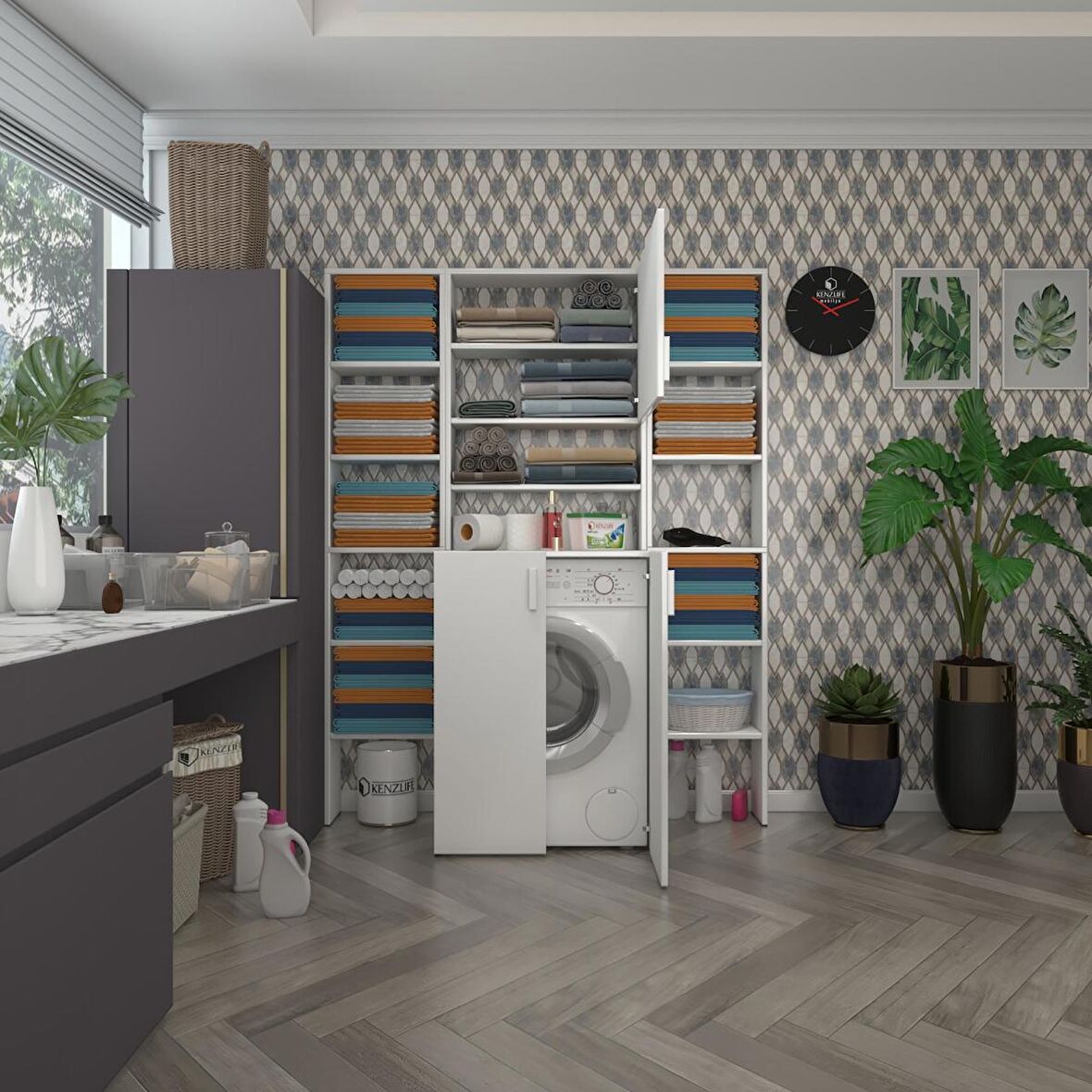 Kenzlife çamaşır makinesi dolabı kasparovmaksdublemdf byz 180*126*55-20 % 100 mdf full mdf banyo kapaklı arkalıksız