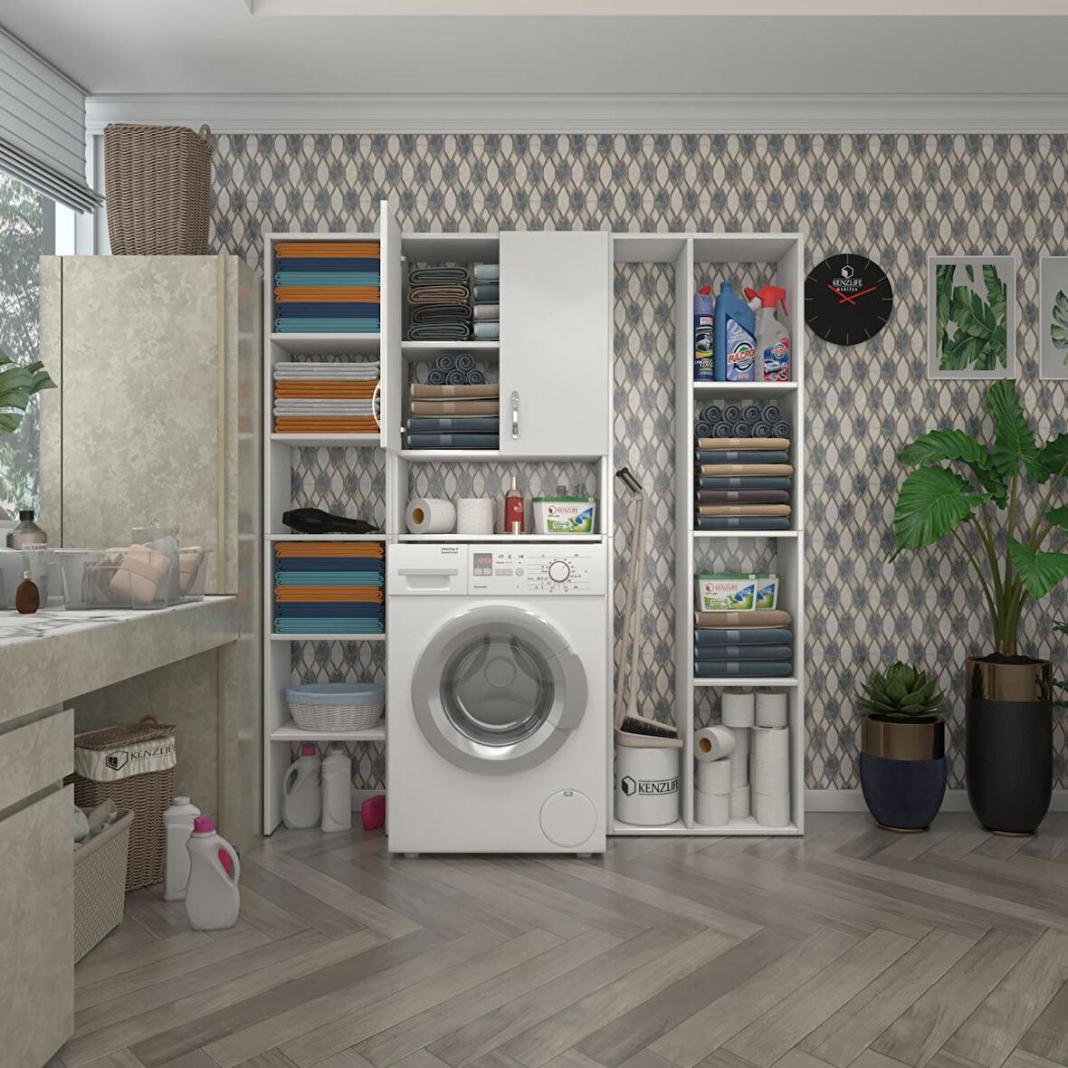 Kenzlife çamaşır makinesi dolabı veronikamega byz 180*156*20 banyo arkalıksız raflı