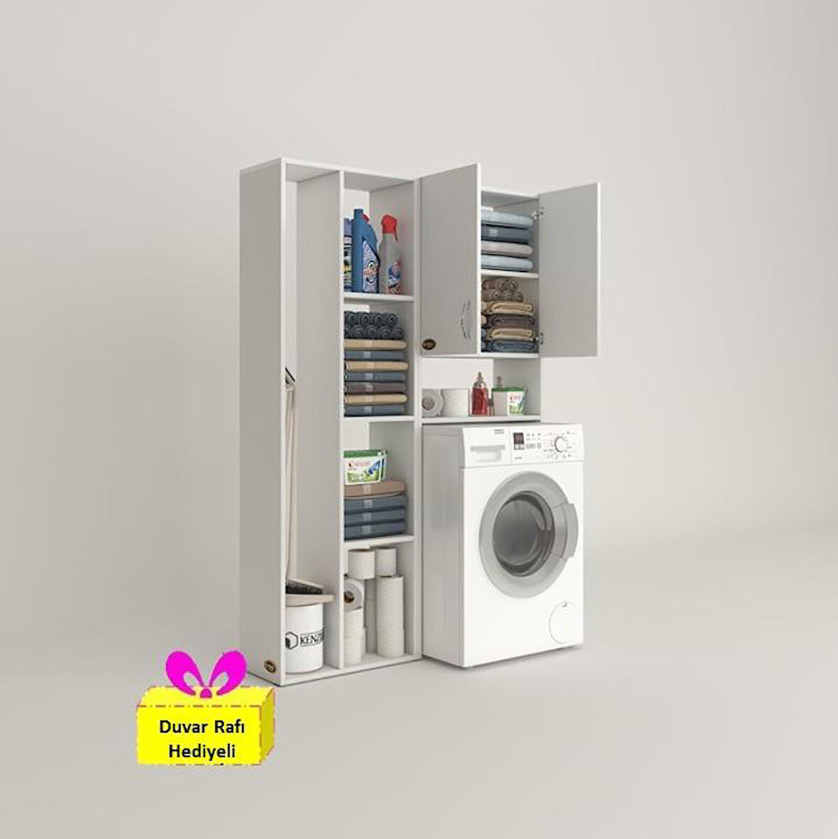 Kenzlife çamaşır makinesi dolabı veronikasüpürge byz 180*126*20 banyo arkalıksız raflı + tekli duvar rafı hediyeli